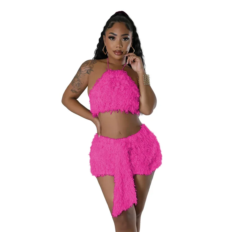 Znaiml Sexy Night Club Two Piece Outfit for Women Clothing Rave Festival Halter Backless Crop Top and Mini Skirt Matching Sets