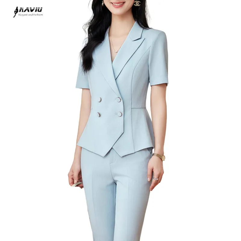 

NAVIU Summer Fashion Blue Blazer Women Skirt Suits Jacket Ladies Work Wear Set Office Uniform Styles Knee Length Pink Black