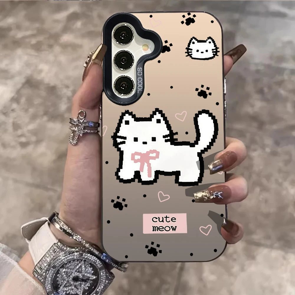 Cute Cat Outline Design Case For Samsung Galaxy S26 S25 S24 S23 S22 Ultra Plus A56 A55 A54 A53 A36 A35 Shiny Color Silver Cover