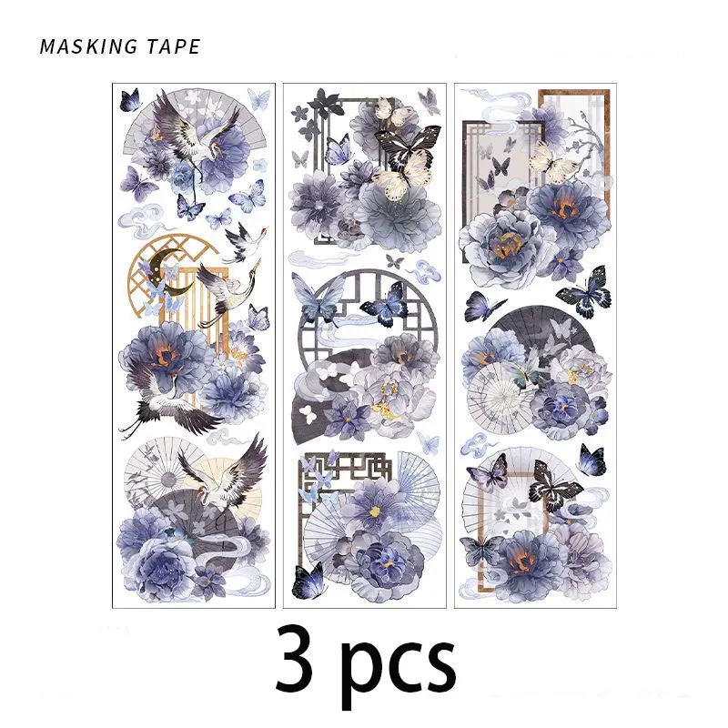 3pcs Chinese style Oil painting style Flat sticker aesthetic Decorative Stick Labels Scrapbooking material Junk Journal Supplies