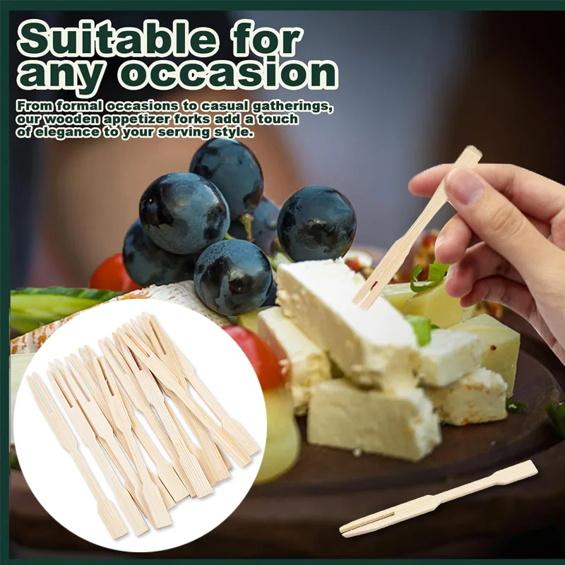 

100pcs Disposable Bamboo Fruit Fork Two-Prong Skewers Birthday Party Dessert Cake Dessert Appetizer Serving Supplies