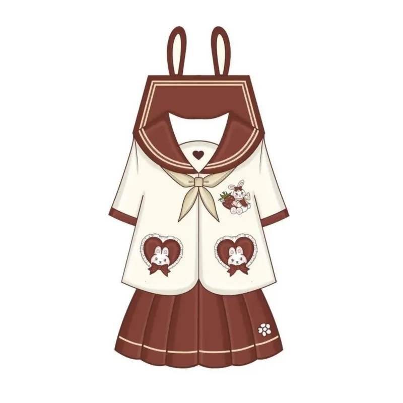 Japonês e Coreano Coelho Bonito Vermelho Branco Uniforme Patchwork para Mulheres, Uniforme JK, Terno Novo Marinheiro, Roupas Escolares, Fantasias Cosplay