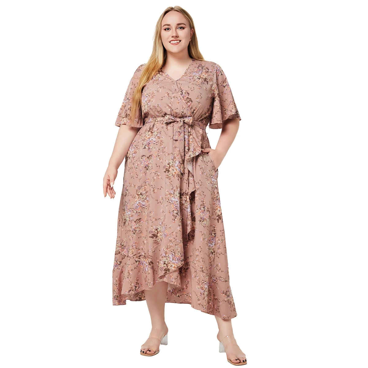 Plus Size letnie nowe modne dekolt w szpic z krótkim rękawem kwiatowy nadruk sukienki w stylu boho dla kobiet