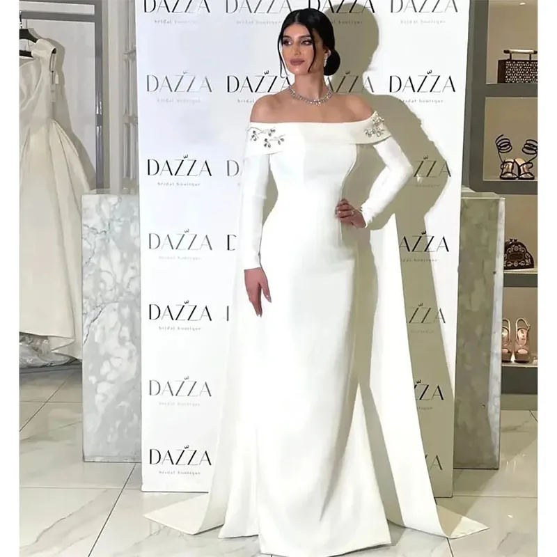 Vestido blanco De fiesta De cumpleaños, traje Formal De noche con cuentas De cristal y perlas, hombros descubiertos, a la moda, para celebridades