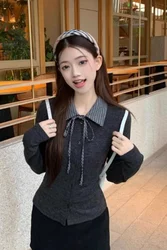 Plaid Spliced polo Collar Long-sleeved Sweater for Women in Winter 2025 New Korean Versatile Slim Sweater