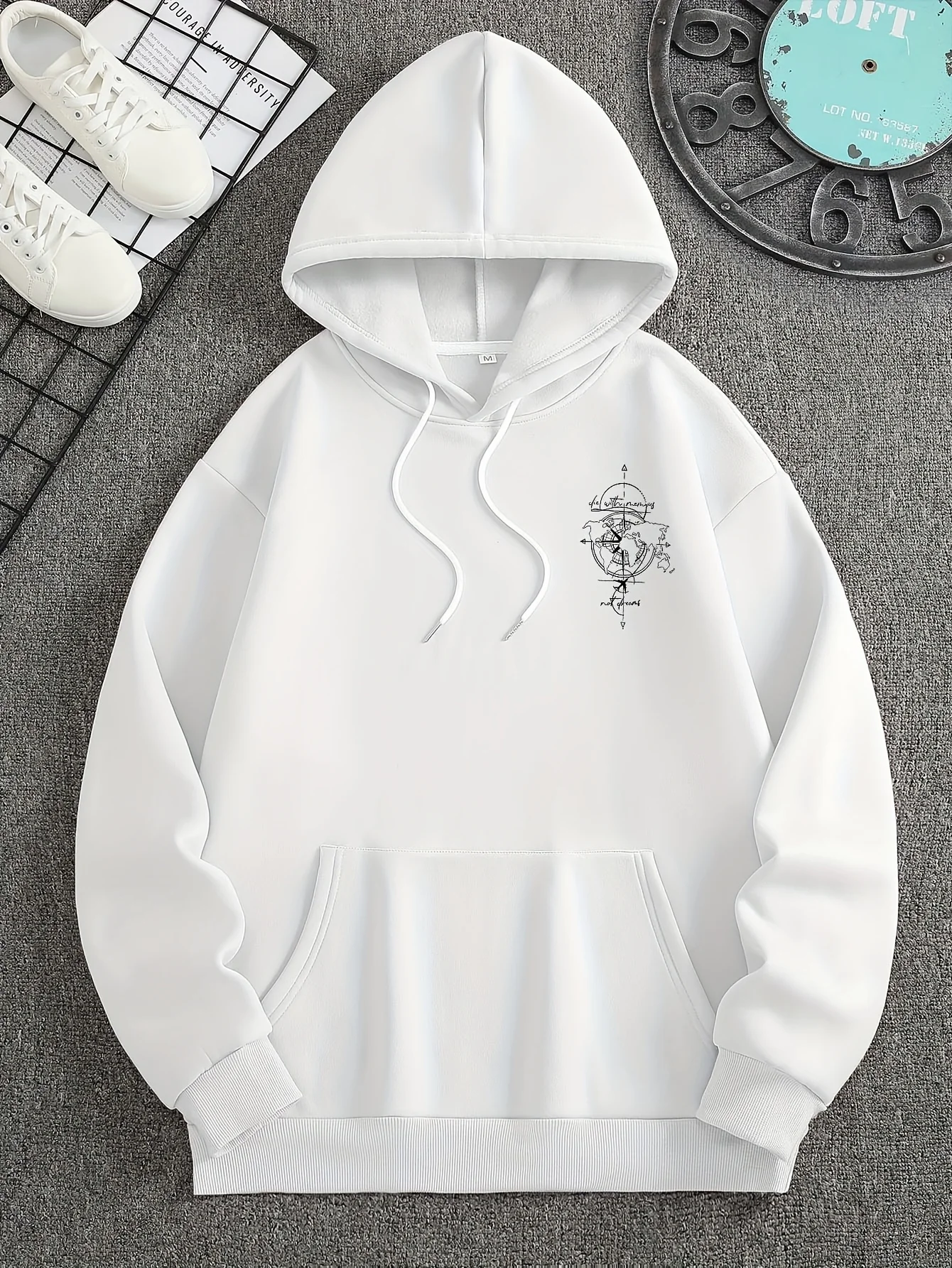Autumn/Winter Fashion High Street Retro Distressed Men's Hooded Sweatshirt with Compass Print Loose Fit Soft Fabric Hoodie Men