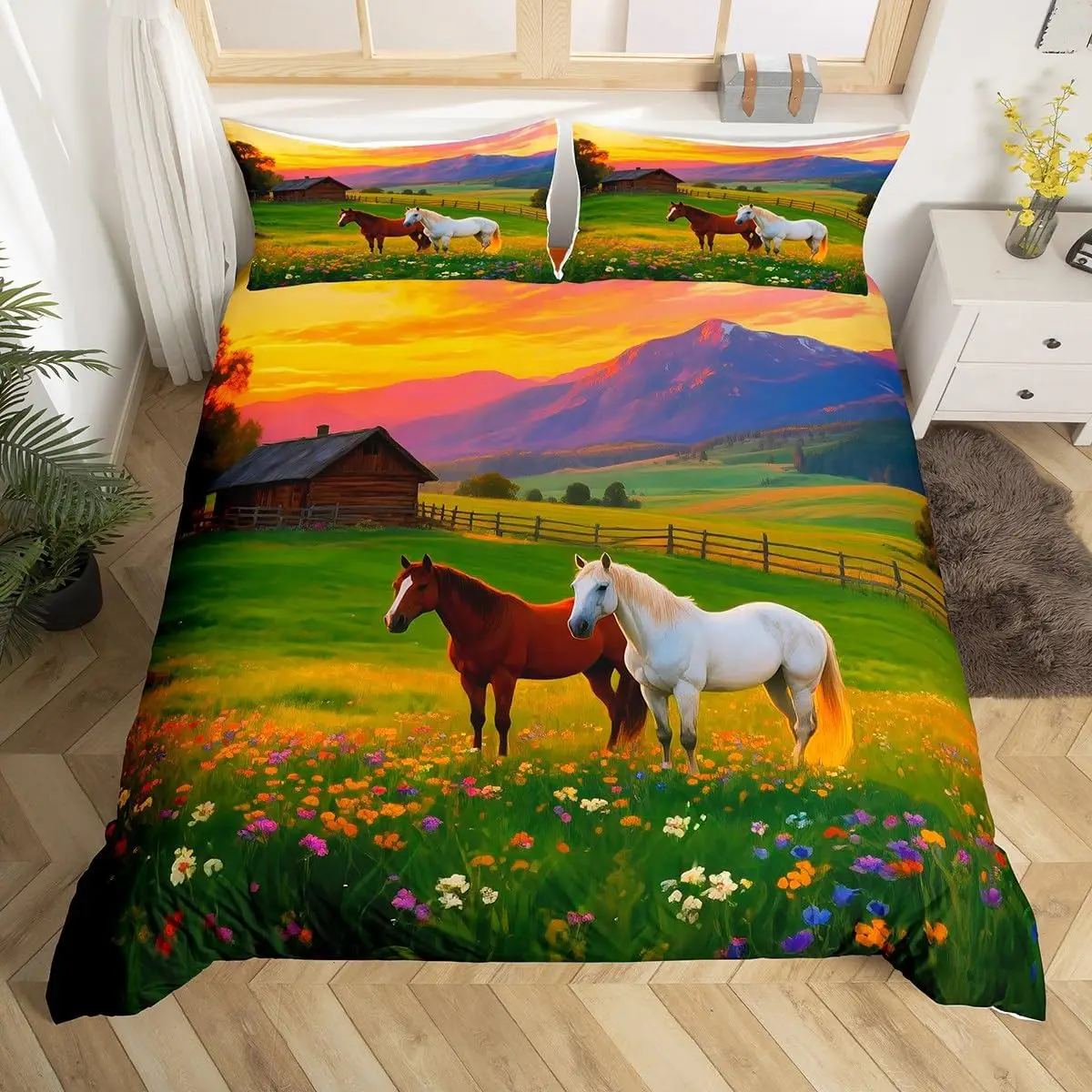 Horse Bedding Set Cowboy Cowgirl Twin Queen King Size Comforter Cover Western Farmhouse Animal Duvet Cover Boys Girls Room Decor