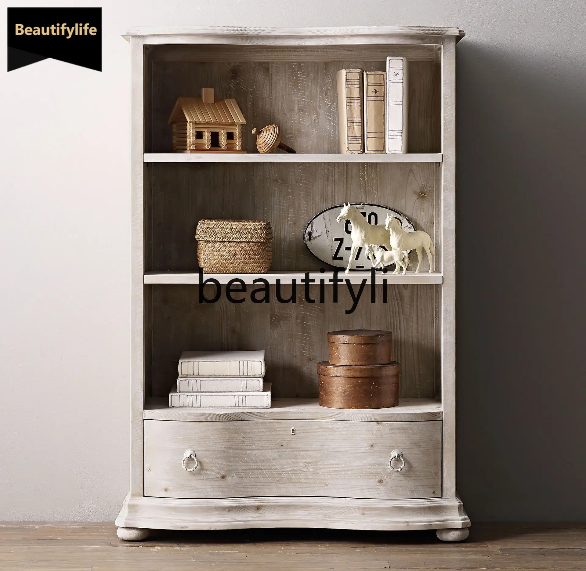 

European solid wood old bookcase American country oak carved bookcase simple European French retro bookshelf