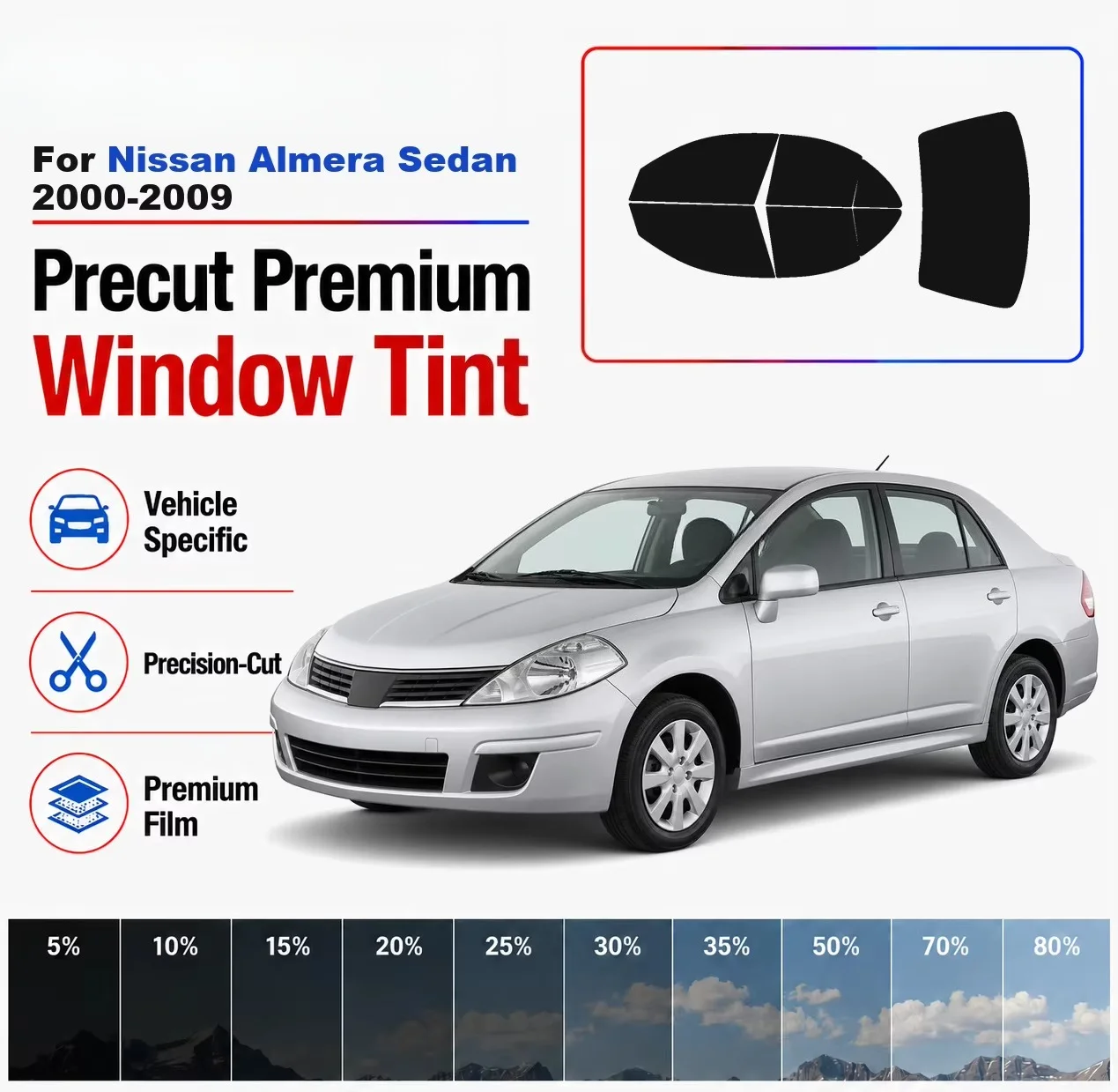 Premium Precut Window Tint Kit Front Rear Windows Rear Windshield For Nissan Almera Sedan 2000-2009 Car Solar Nano Ceramic Film