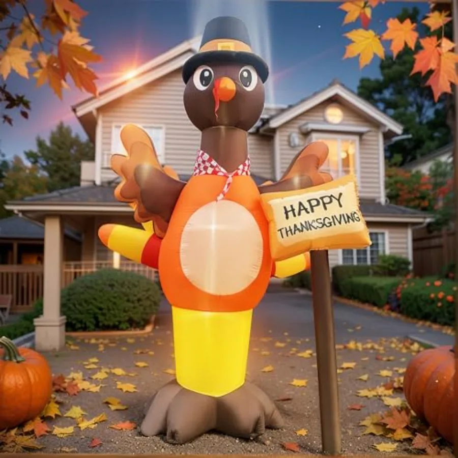 

10ft Thanksgiving Inflatable Turkey with Hat and 6 LED Lights - Outdoor Yard Decoration