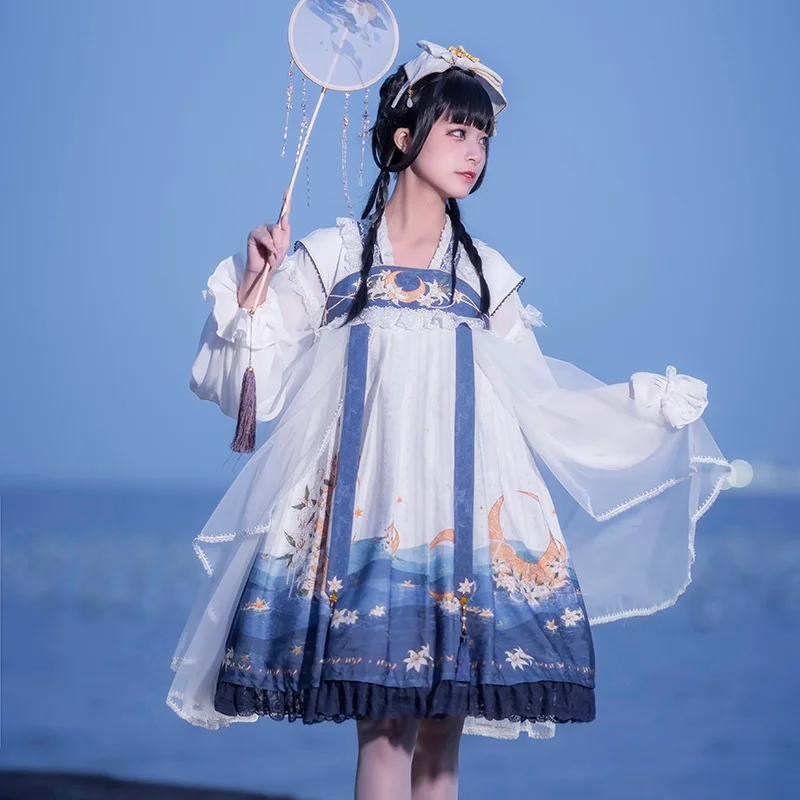 Robe de cosplay de style Hanfu prairie chinoise, Lolita Sweet Girls Jsk, dentelle Loli mignonne, impression à volants, lapin doux, ruban en maille bleue