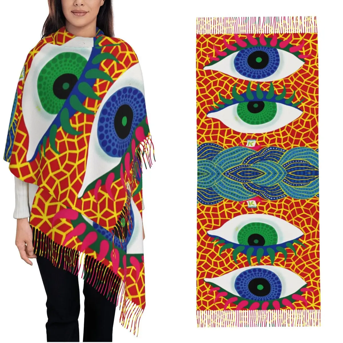 

Womens Scarf with Tassel Two Eyes Yayoi Kusama Abstract Long Winter Fall Shawl Wrap Daily Wear Pashmina Scarves