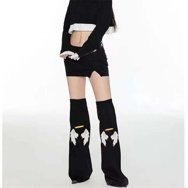 QXND Womens Punk Overknee Black Denims أغطية الساق مع Angel Wing و Halos طباعة الجرونج الساق الفضفاضة الجوارب الطويلة الجوارب