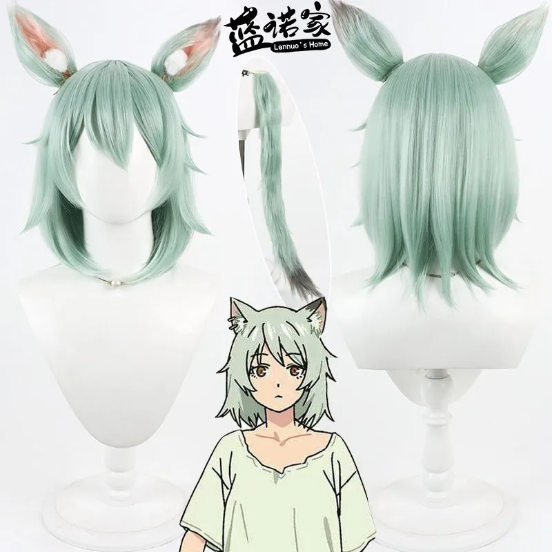 Anime Yani Neko Yaniko Cosplay Mint Wig with Cat Ears Tail Full Set Chainsmoker Cat Roleplay Costume Accessories Halloween
