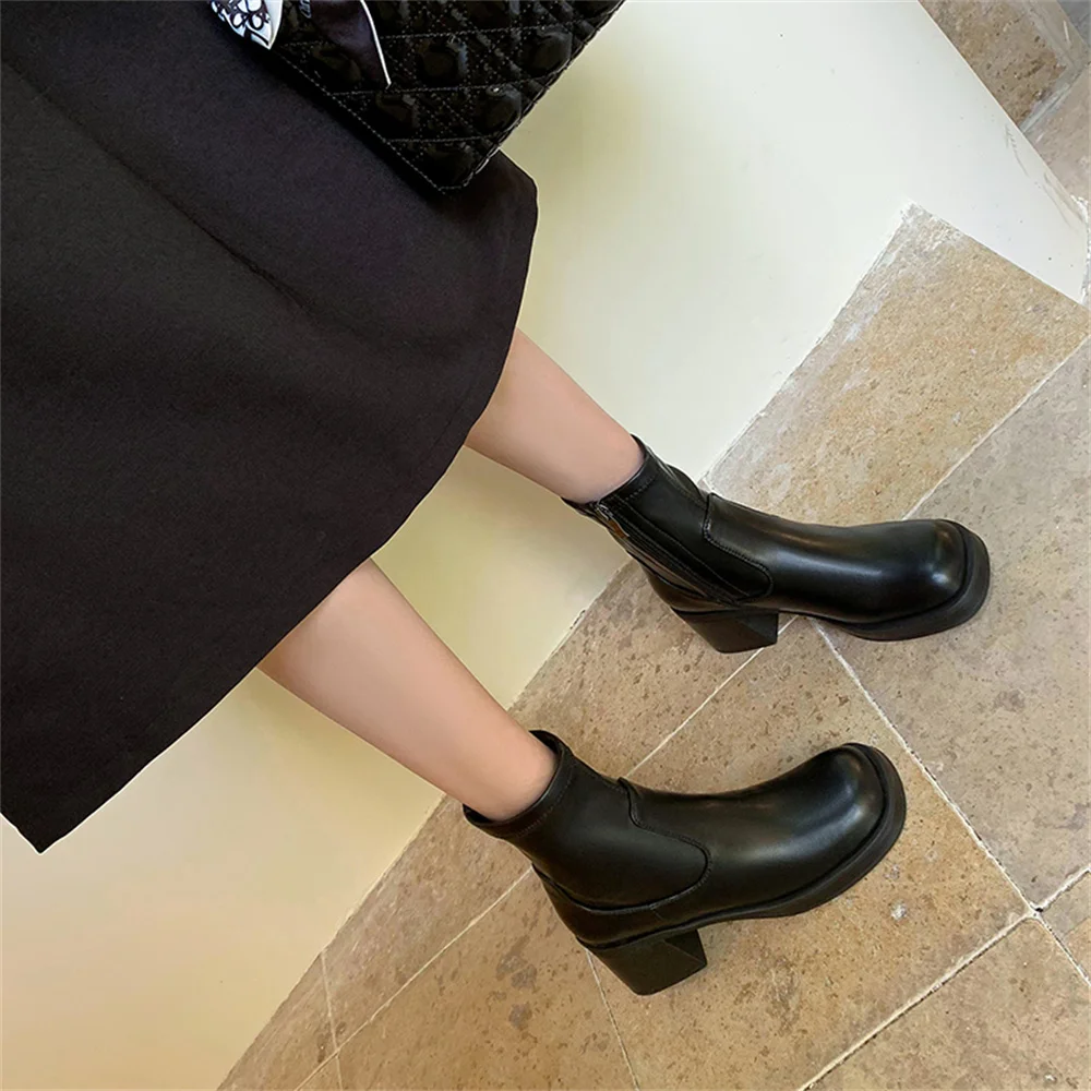 FEDONAS Basic Ankle Boots Side Zipper Thick High Heels Warm Autumn Winter Shoes Woman Round Toe Elegant Office Pumps New Short