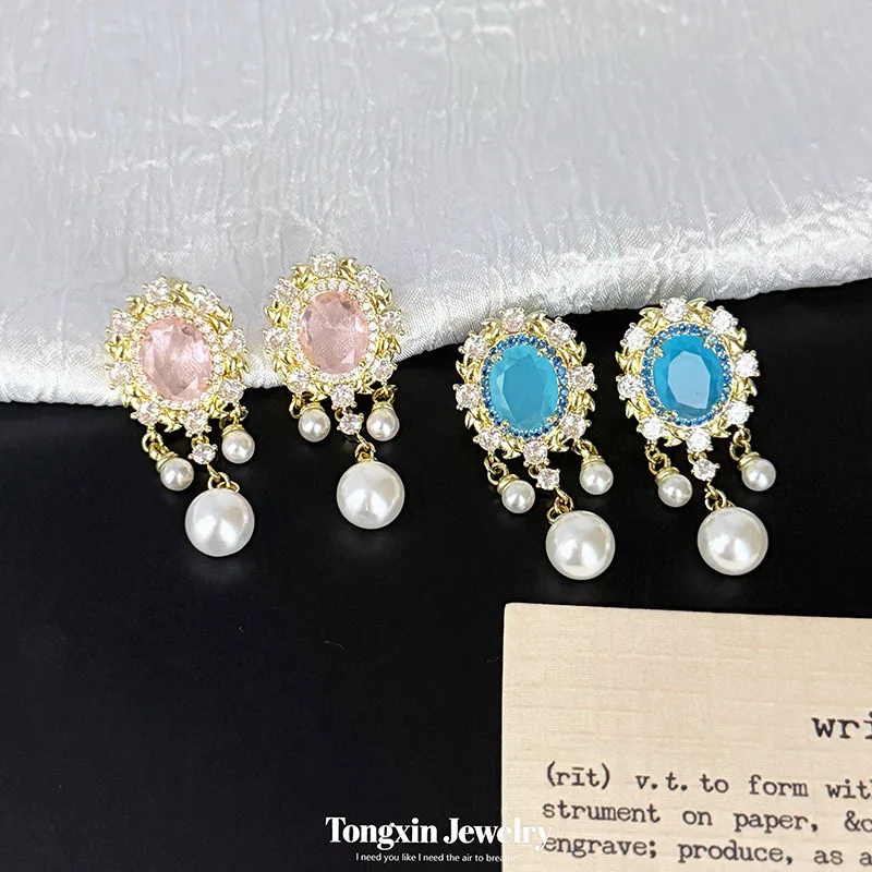 Elegant temperament, senior feeling light luxury zircon inlaid pearl earrings ellipse tassel earrings