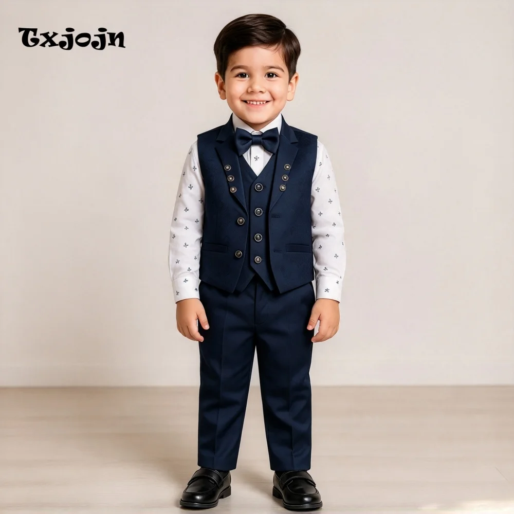 Formal Boys Suit 3-piece Set Wedding Tuxedos Pointed Collar Jacket 2-16 Year Tailored Sleeveless Blazer Pants Vest for Party