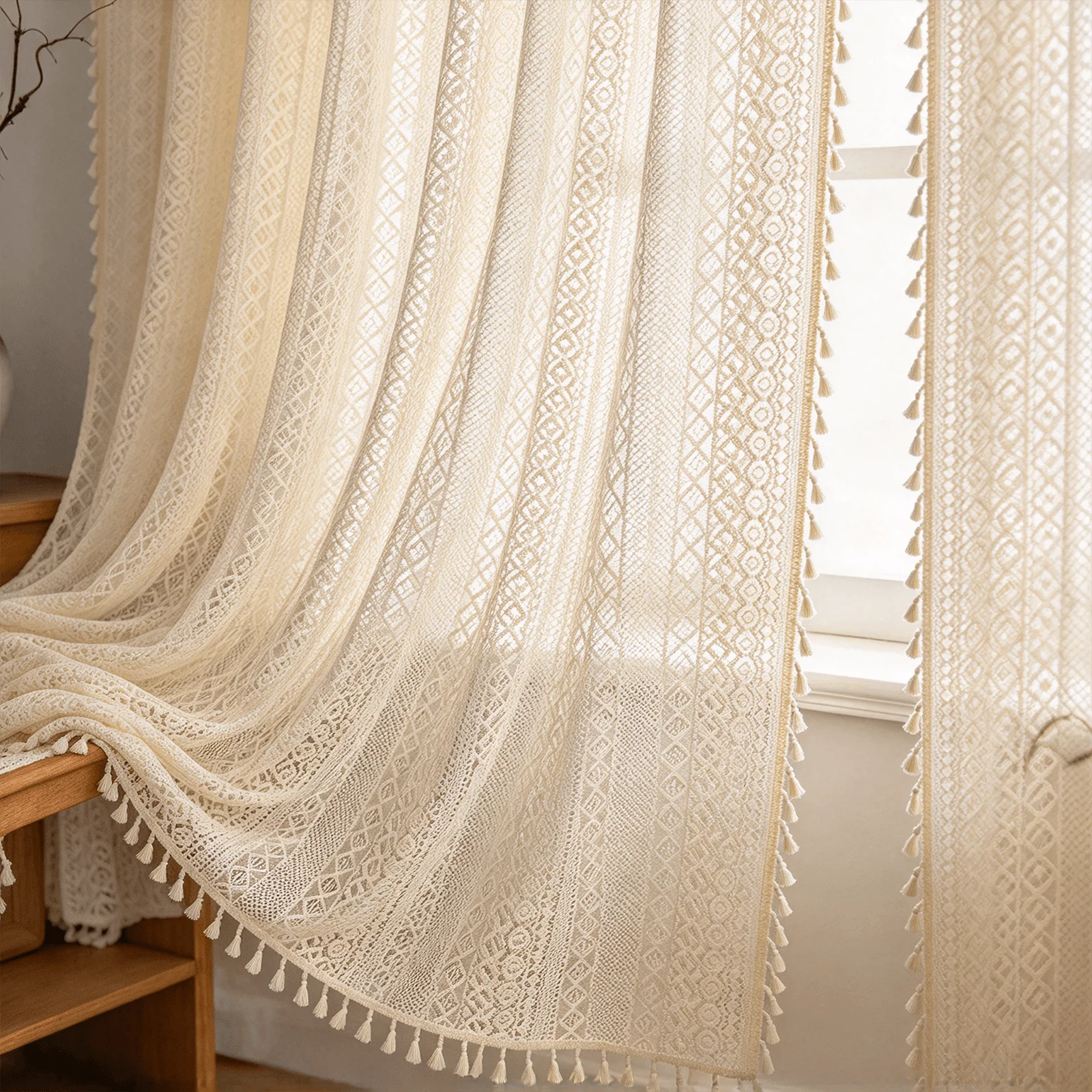 Delicate lace curtain with tassels. Soft boho charm, letting gentle light fill your space.1/2pcs