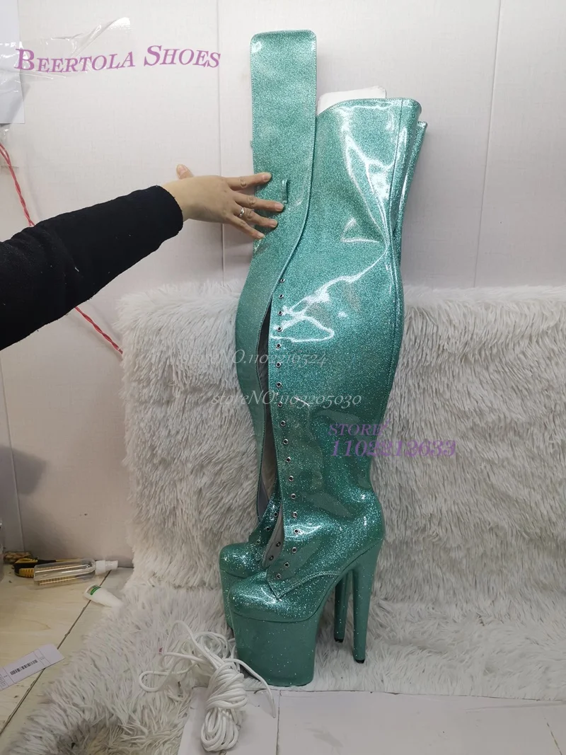 Botas por encima de la rodilla con plataforma para mujer, zapatos de tacón alto con lentejuelas brillantes, Punta abierta y encaje cruzado, nuevos