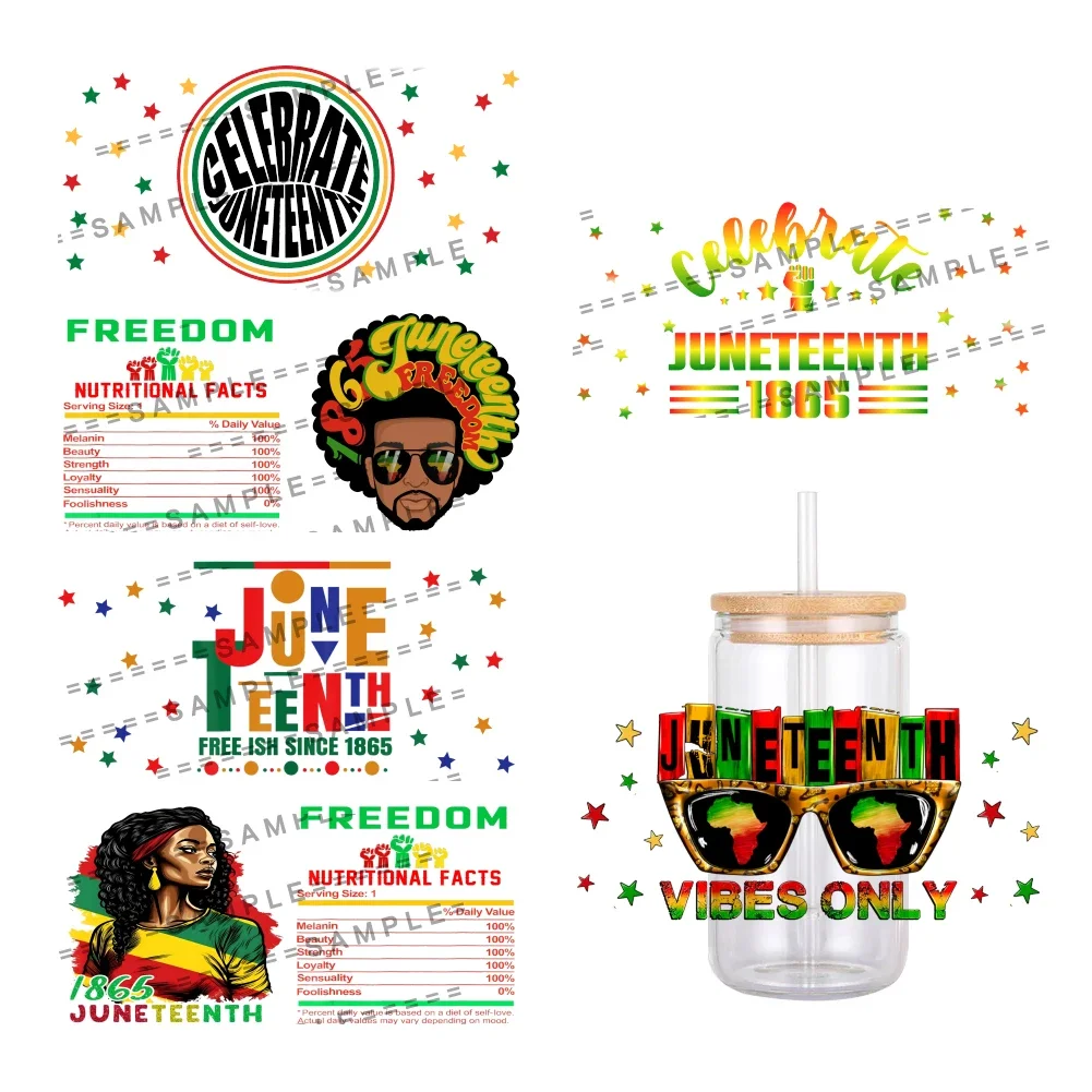 Juneteenth Design Peace Love RainbowPattern UV DTF Transfer Sticker Waterproof Transfers Decals For 16oz Glass Cup Wrap Stickers