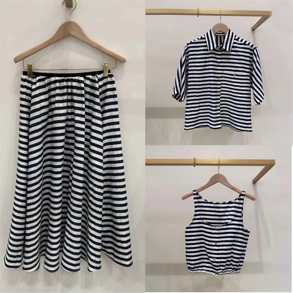 

Women Black Striped 3-Piece Set Turn-down Collar Short Sleeve Shirt + O-Neck Sleeveless Vest + Hgh Waist Pleated Long Skirt Suit