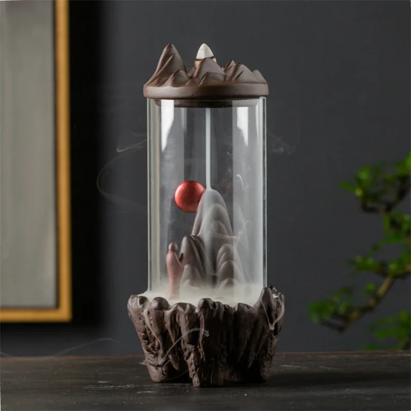 1pc Zen Decor Lucky Feng Shui Windproof Ceramic Backflow Incense Burner Hand Gift Mini Landscape DIY Home Decoration -No Incense