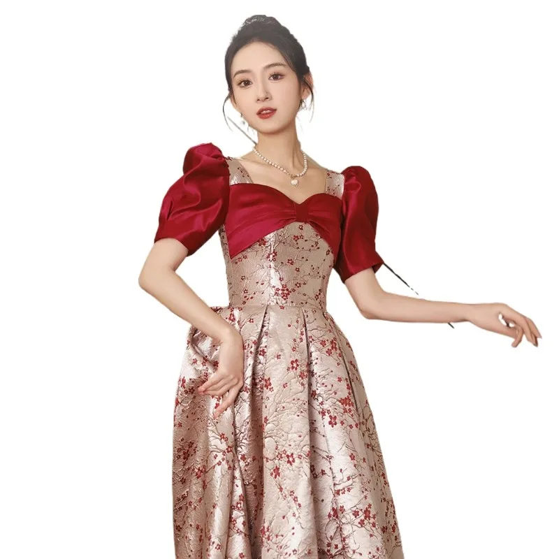 Robe de soirée de mariée rouge vin, manches de princesse, col carré, Toast, Look à la mode, fine, imprimée, bretelles au dos, longue, nouvelle collection 2026