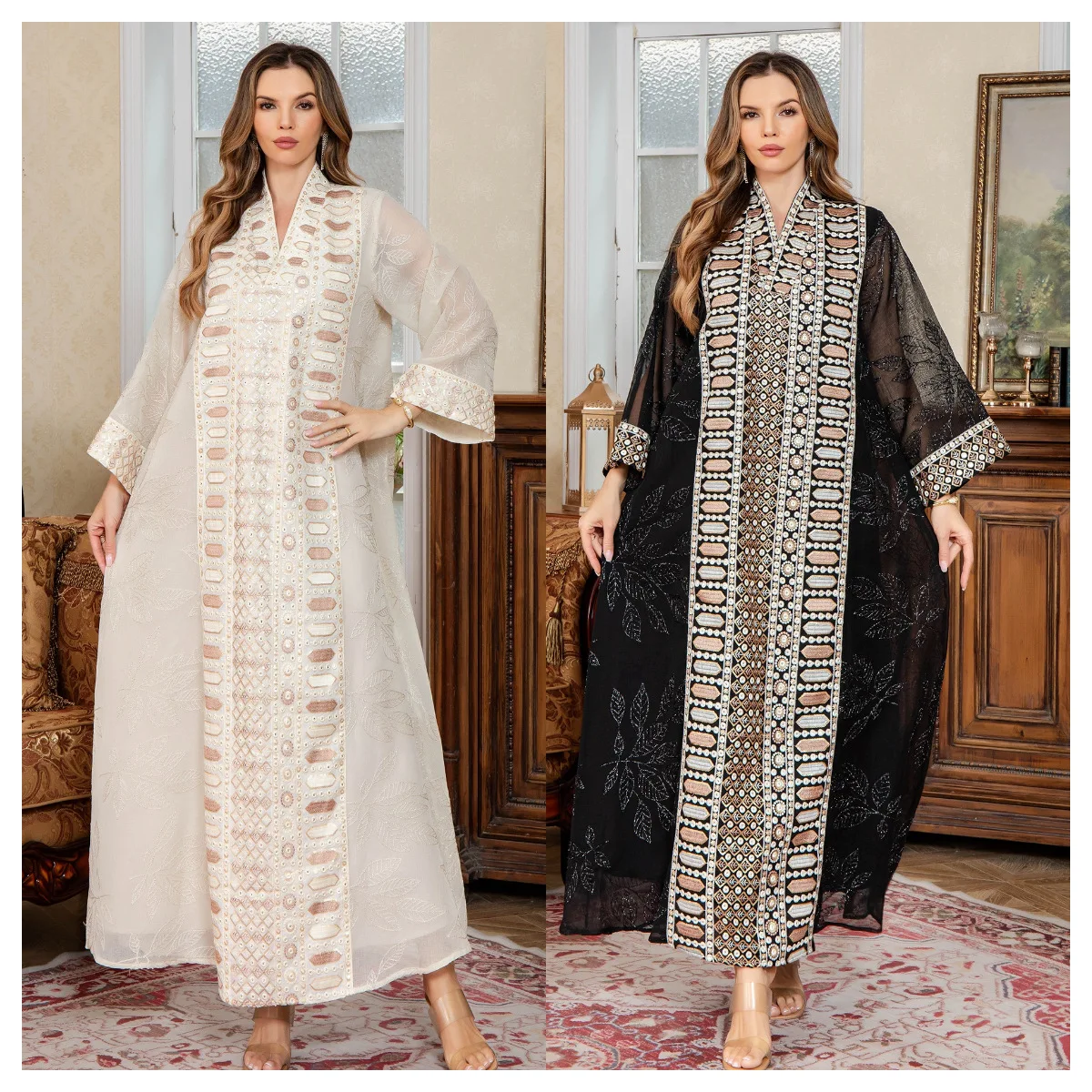 

Elegant Long Embroidered Abaya Women Muslim Robe Dubai Dress Middle East Kaftan Evening Gown Arabian Islamic Clothing Party Eid