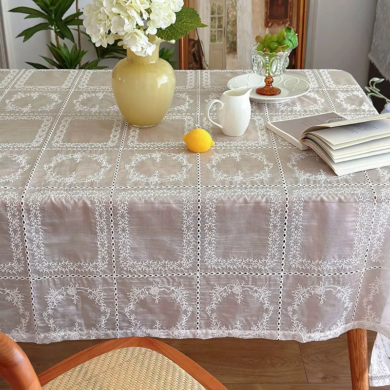 1Piece French Romantic Retro Court Style White Lace Embroidered Tablecloth Rectangular Coffee Table Tablecloth Dustproof Cloth 4