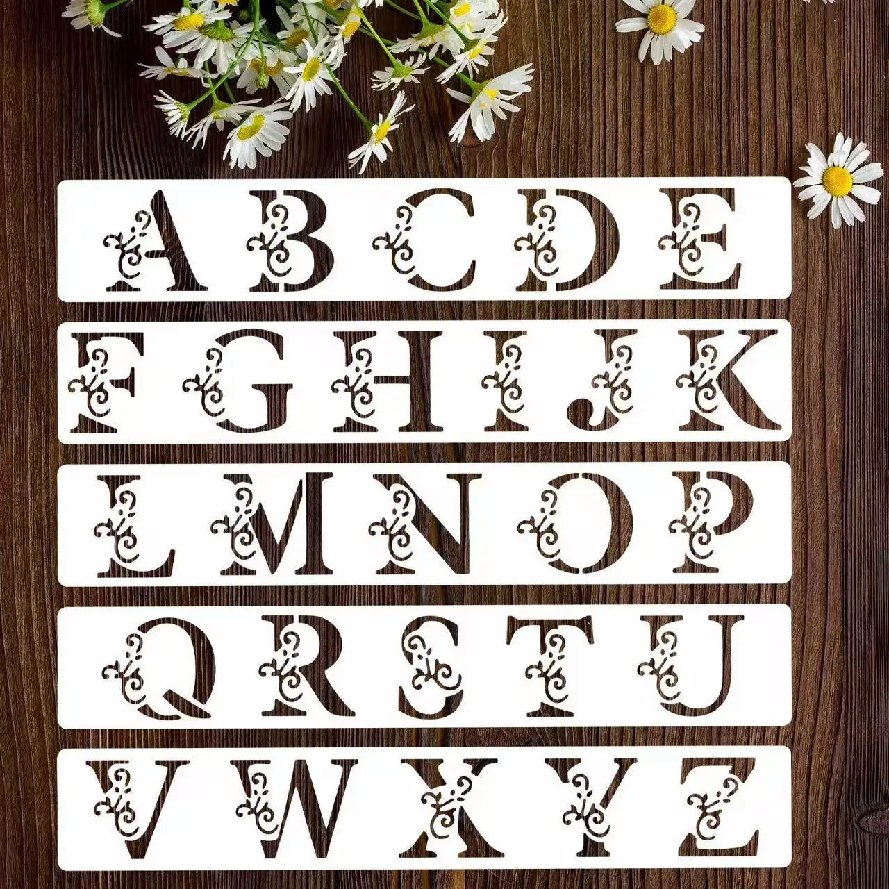 Artistic Floral Letter Hollow PET Painting Stencils, Reusable DIY Spray‑Painting Mold for Card, Door Sign & Art Craft Decoration