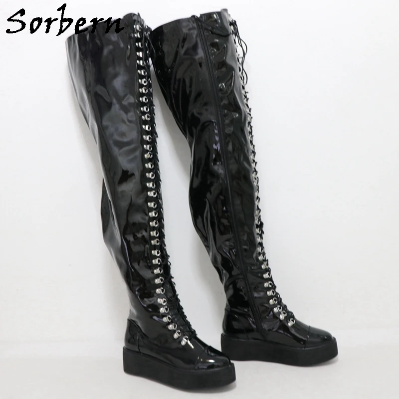 Sorbern Wedge High Heel Thigh High Boot Unisex Lace Up Flatform Winter Plush Lining Platform Shoes Round Toe Large Size Custom