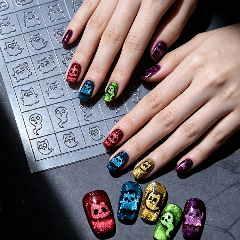 1Pc Halloween Ghost Transparent Hollow Nail Art Stickers 3D Reusable Pat-pat Spray Painting Template For DIY Manicure Nail Slide