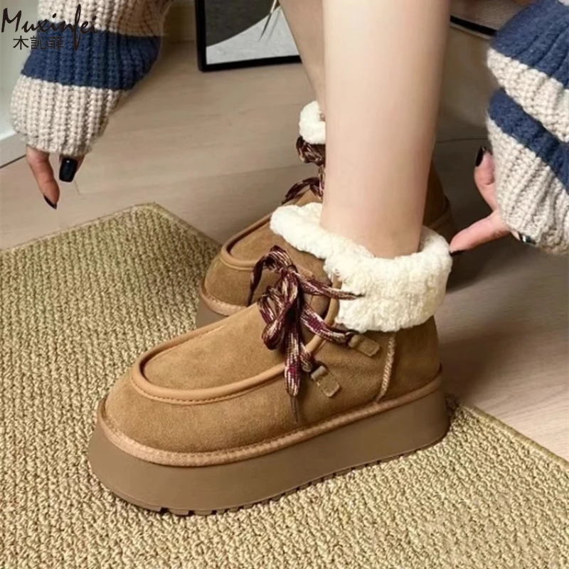 2025 شتاء جديد أحذية الثلوج سميكة القاع فوكارا حزام جلد الغنم والفراء المتكاملة الثلوج الأحذية الصوف حزام أحذية بوت قصيرة