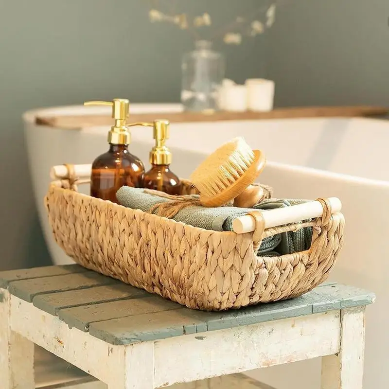 

Hyacinth Baskets Woven Towel Basket Rectangle Small Woven Wicker Baskets With Handles Decorative Woven Room Table Storage Basket