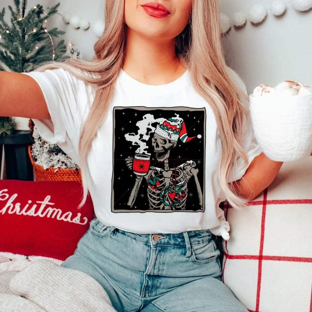 Trendy Retro Skeleton Coffee Printed T-Shirt Fun 90s Style Casual Women's Cartoon T-Shirt Pattern New Year Printed T-Shirt