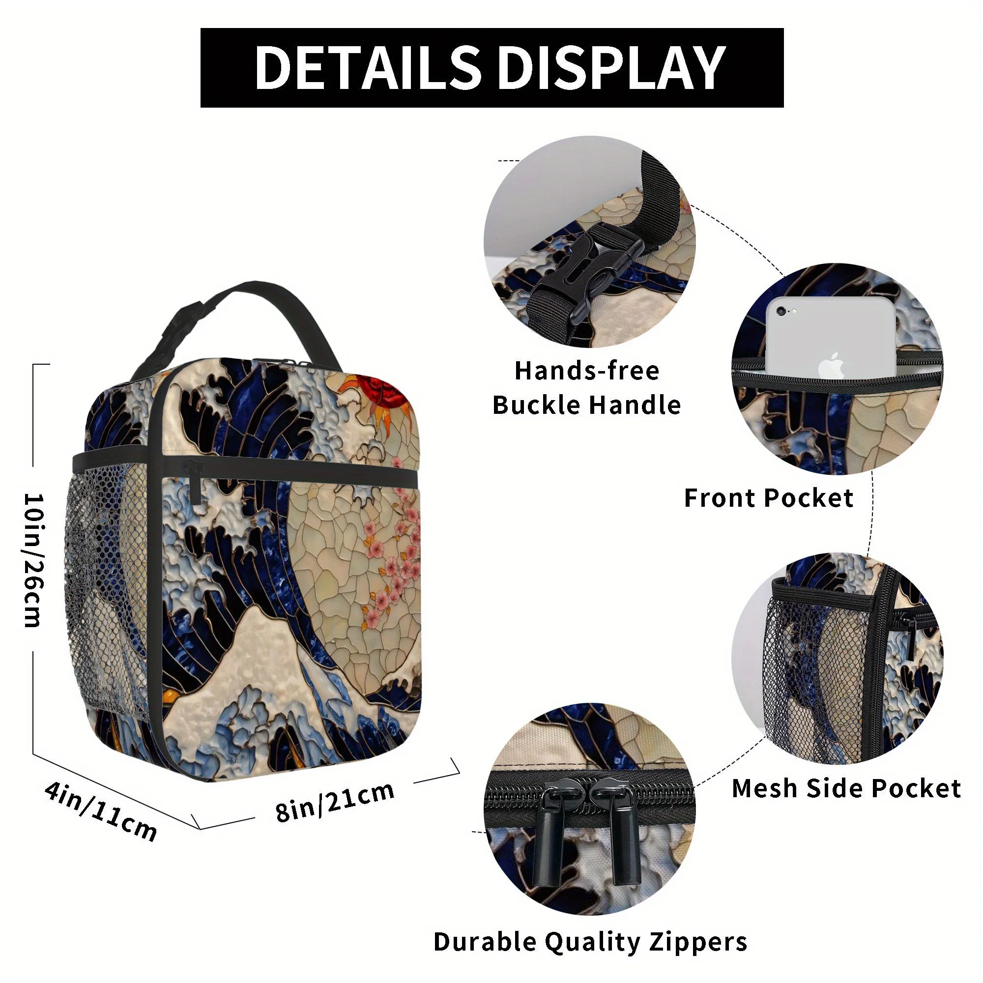 1pc, Ocean Wave with Cherry Blossoms and Sun Printed Thermal Bag Insulation Lunch Tote for Home/Restaurant Office Use - Unisex P