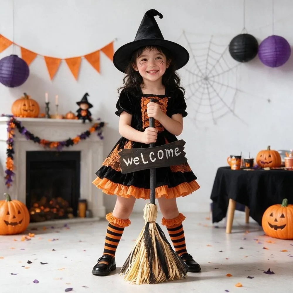 Voice-activated Halloween Witch Broom LED Light Glowing Magical Dancing Broom Movable with Welcome Sign Halloween Walking Broom