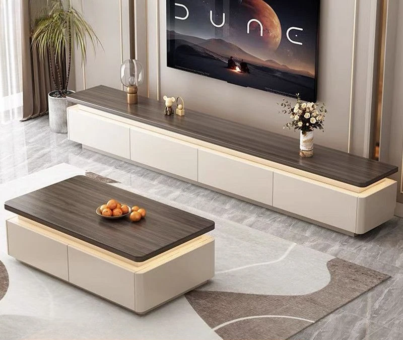 Ambient light solid wood TV cabinet coffee table combination modern simple living room retro cream style background