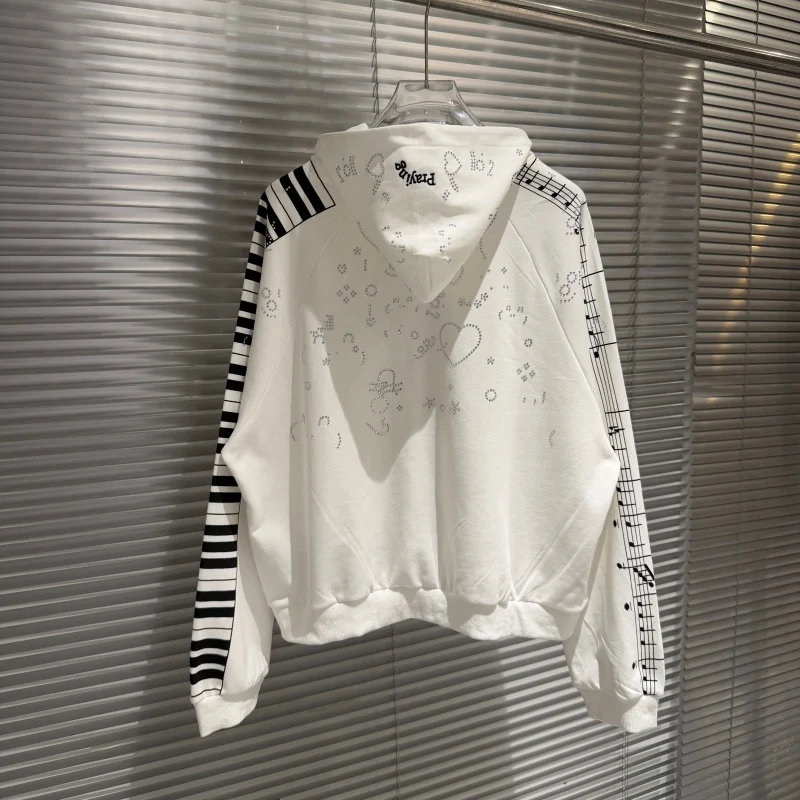 White Fashion Winter People Piano Letters Rhinestones Praying Print Hoodie Sweatshirt Jacket