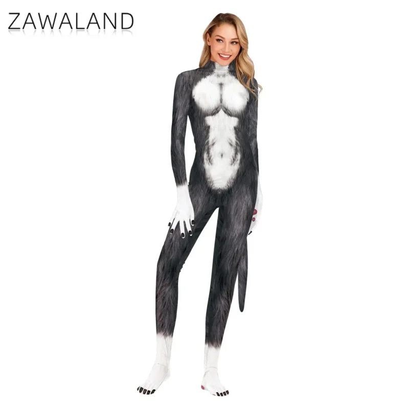 Zawaland Animal Catsuit Couple Snow Wolf Costume with Tail Crotch Zipper Halloween Party Cosplay Outfit Przebranie Zentai Bodysuit