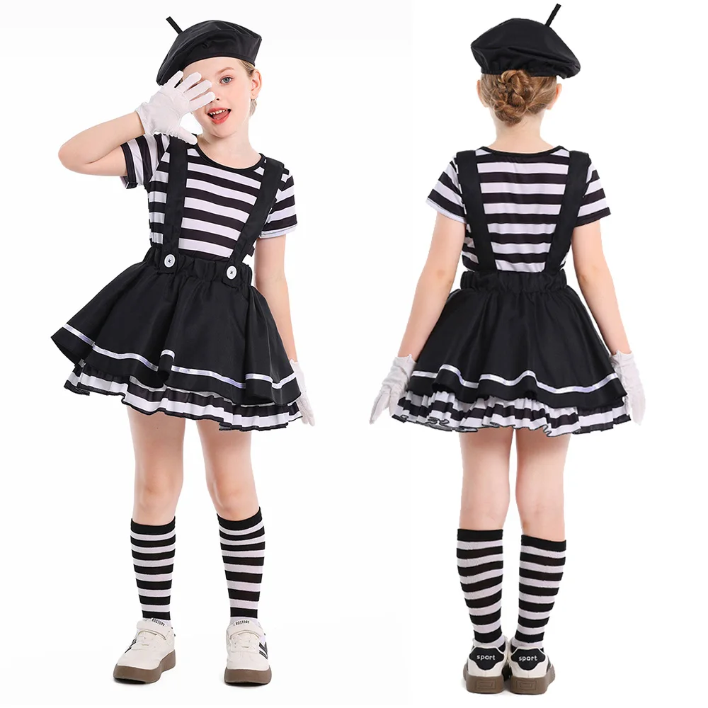 Funny Clown Cosplay Fantasy Girls Clothing Black White Striped Stage Costume Disguise Teen 6 to 14 Years Roleplay Party Outfits