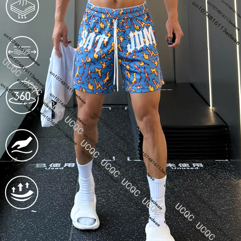 

Мужские баскетбольные шорты с синим пламенным принтом в американском стиле, быстросохнущие повседневные свободные брендовые мужские спортивные штаны для фитнеса и бега
