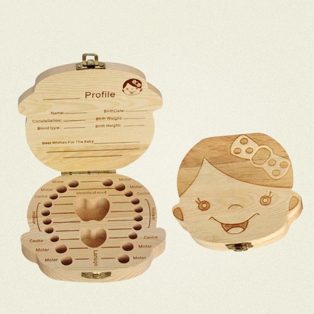 Caja de madera para guardar los dientes de los bebés, inglés/español/francés/ruso/italiano, organizador de los dientes del lanugo, umbilical,