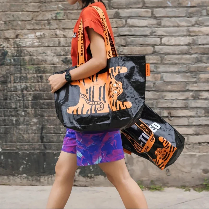 Cute Tiger Print Tote Bag Large Capacity Reusable Shopping Bag Waterproof Woven Shoulder Bag Casual Daily Handbag For Women