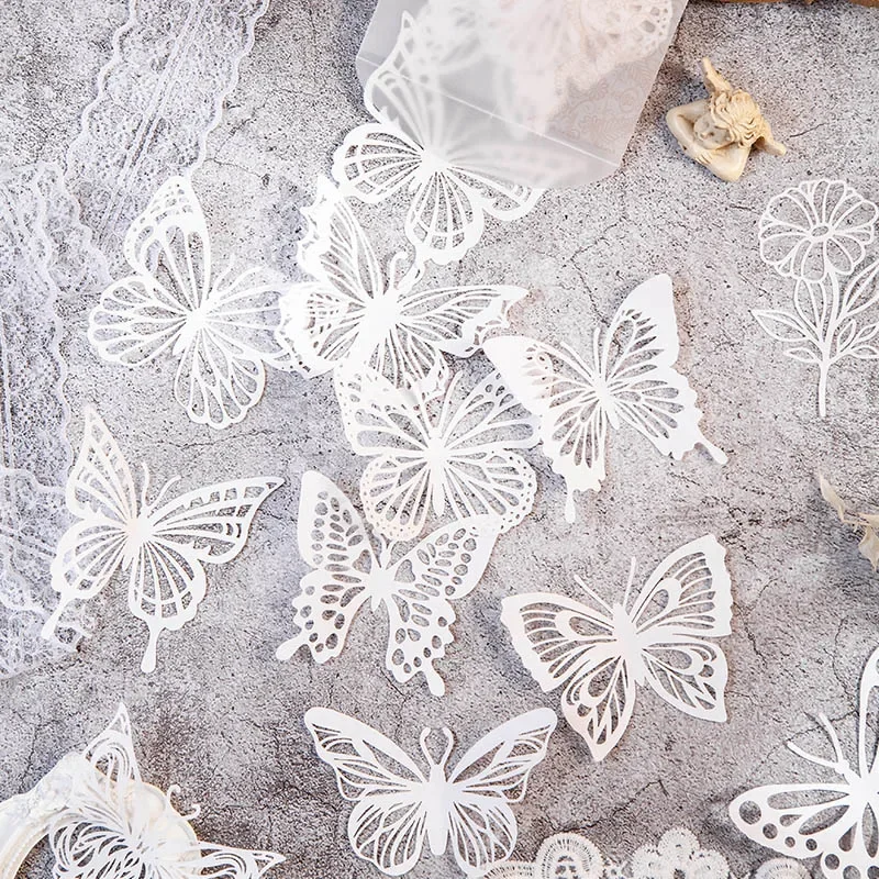 10Sheets Feathered Material Paper Lace Butterfly Hollow literature White Notebooks Decorative Backing Scrapbooking 105*137MM