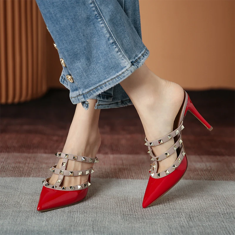 Luxury New Summer Stiletto Sandals Roman Fashion Women's Outdoor Slippers Classic Women's Patent Leather Rivet High Heels 33-41