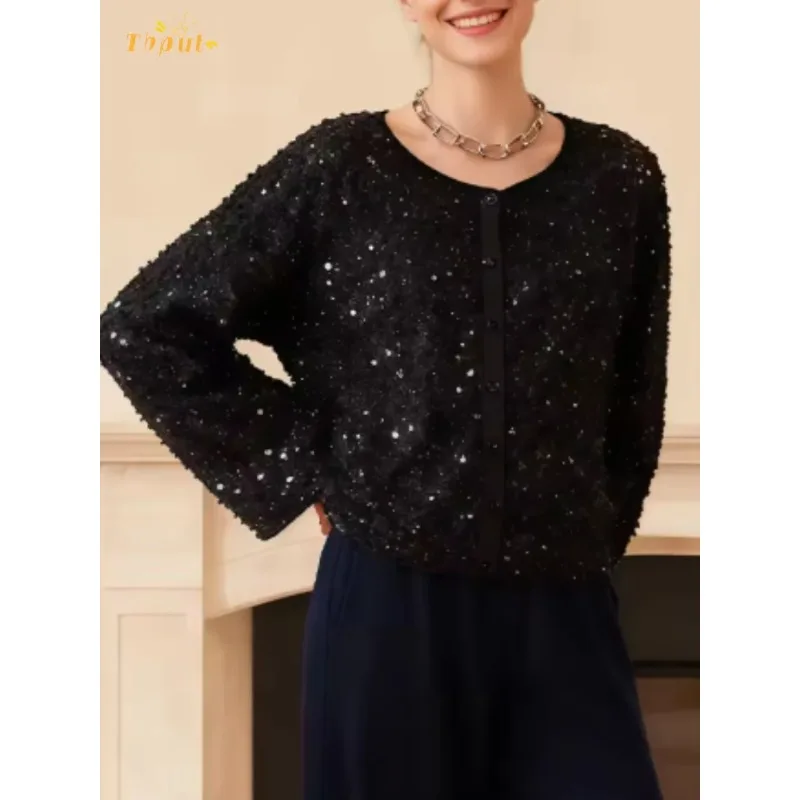 

Модная однотонная свободная куртка с пайетками и круглым вырезом, женская куртка с длинными рукавами на одной пуговице