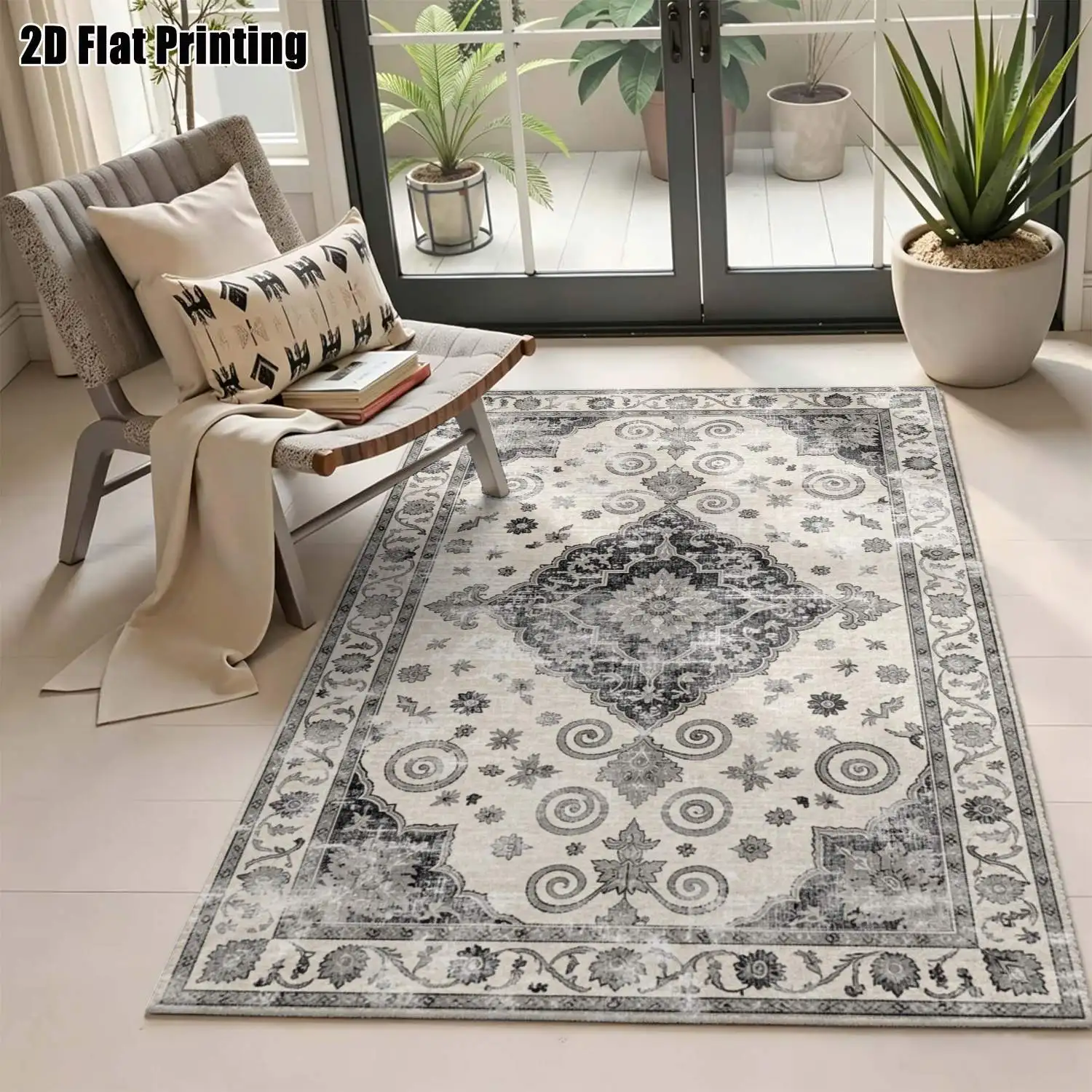 1Pc 2D Printed Gray&White Retro Floral Carpet, European Style, Geometric Pattern, Home Decor, Multi-Size, Machine Washable, for Living Room, Bedroom, Dining Room, Entrance, Study
