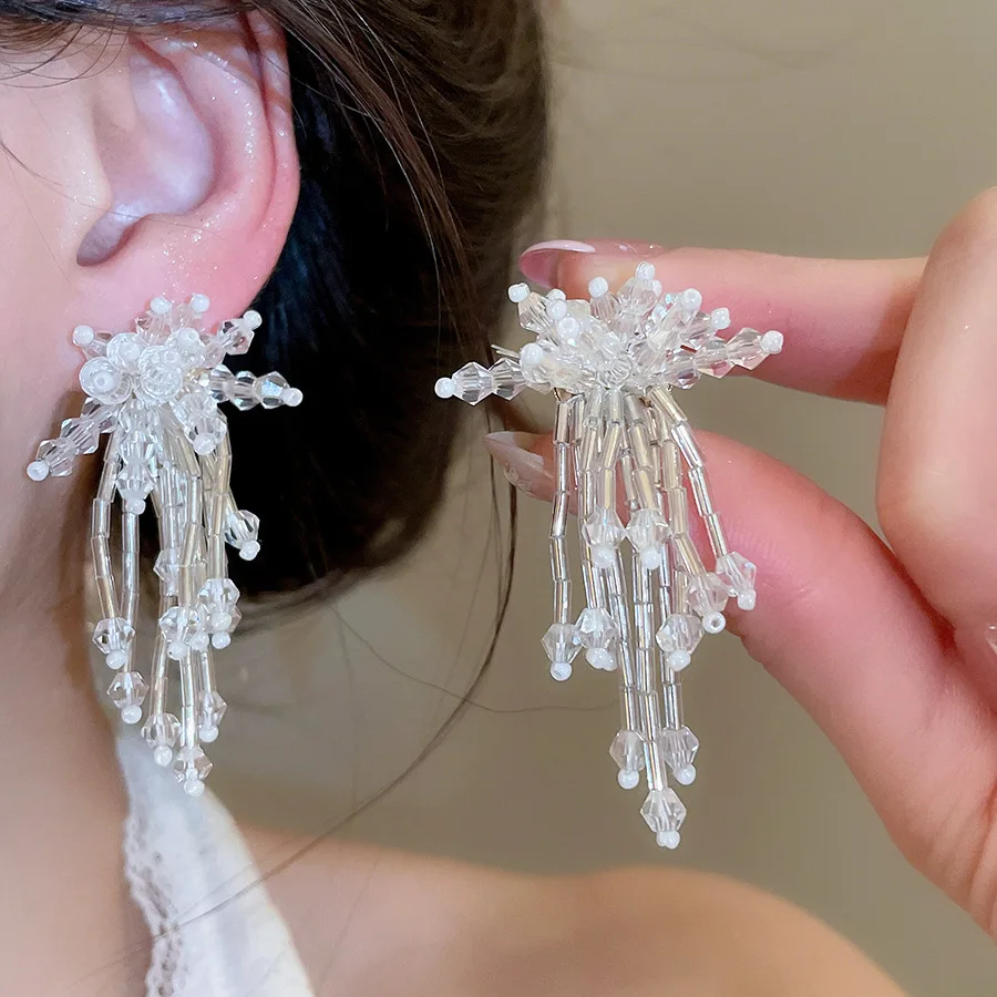 

Transparent Glass Beads Tassel Clip Earrings Women Statement Eleagant Imitation Pearl Ear Clips Jewelry Seaside Holiday Brincos