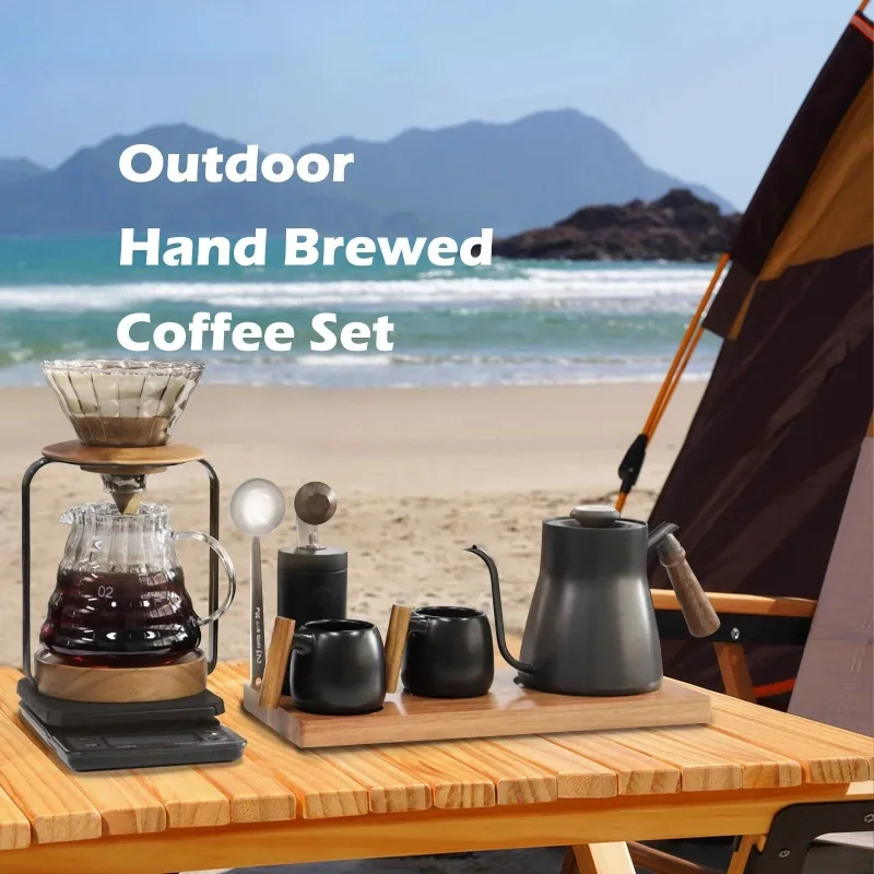 Pour Over Coffee Maker Set Portable Coffee Accessories Manual Grinder Glass Dripper Gooseneck Kettle Household Camping Picnic